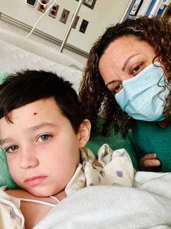 All-Star Peter and his mom in the hospital during his medulloblastoma treatment.